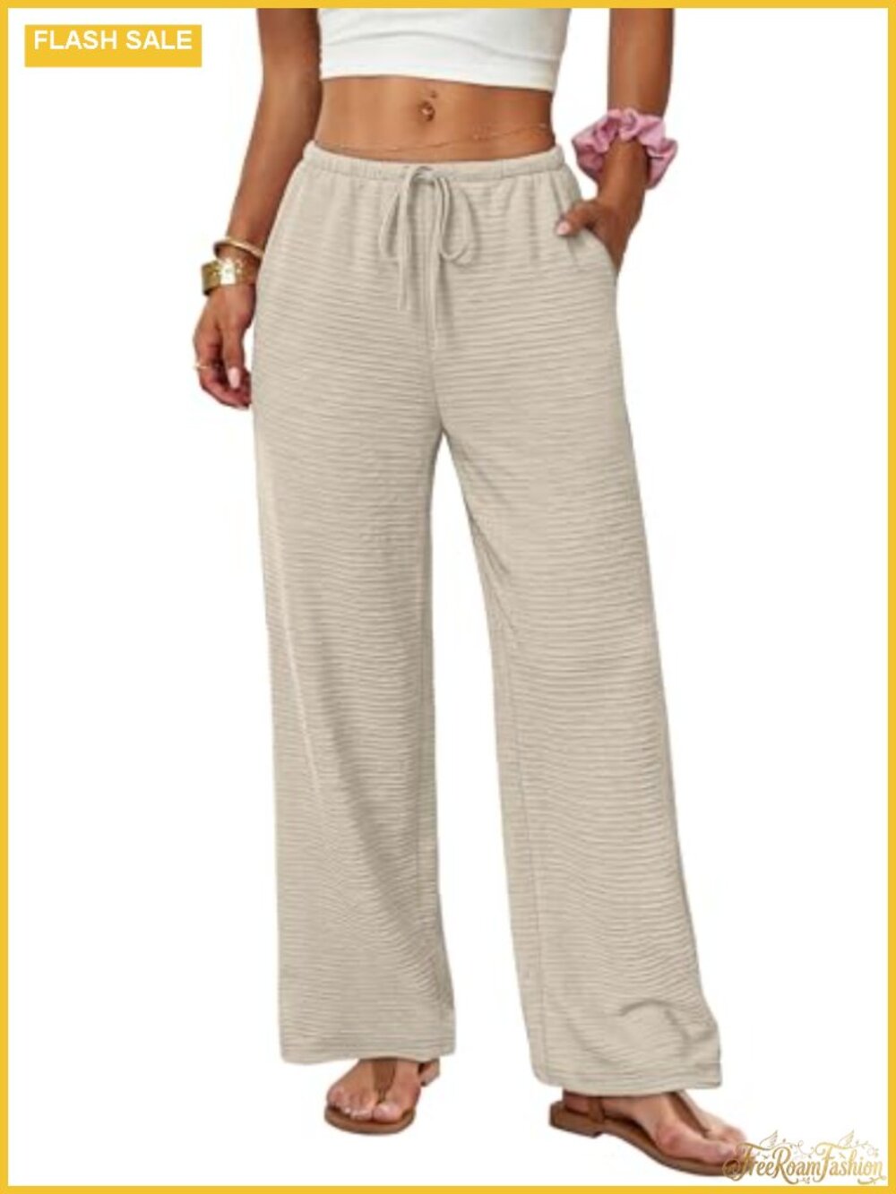 Flowy Wide Leg Pants with Pockets Drawstring Elastic Waist Trousers
